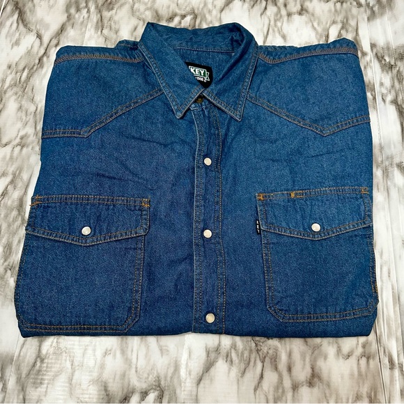 Key Denim Mens Sz 2XL Blue Jeans Long Sleeve Western Pearl Snap Two Pocket Shirt - Picture 6 of 8